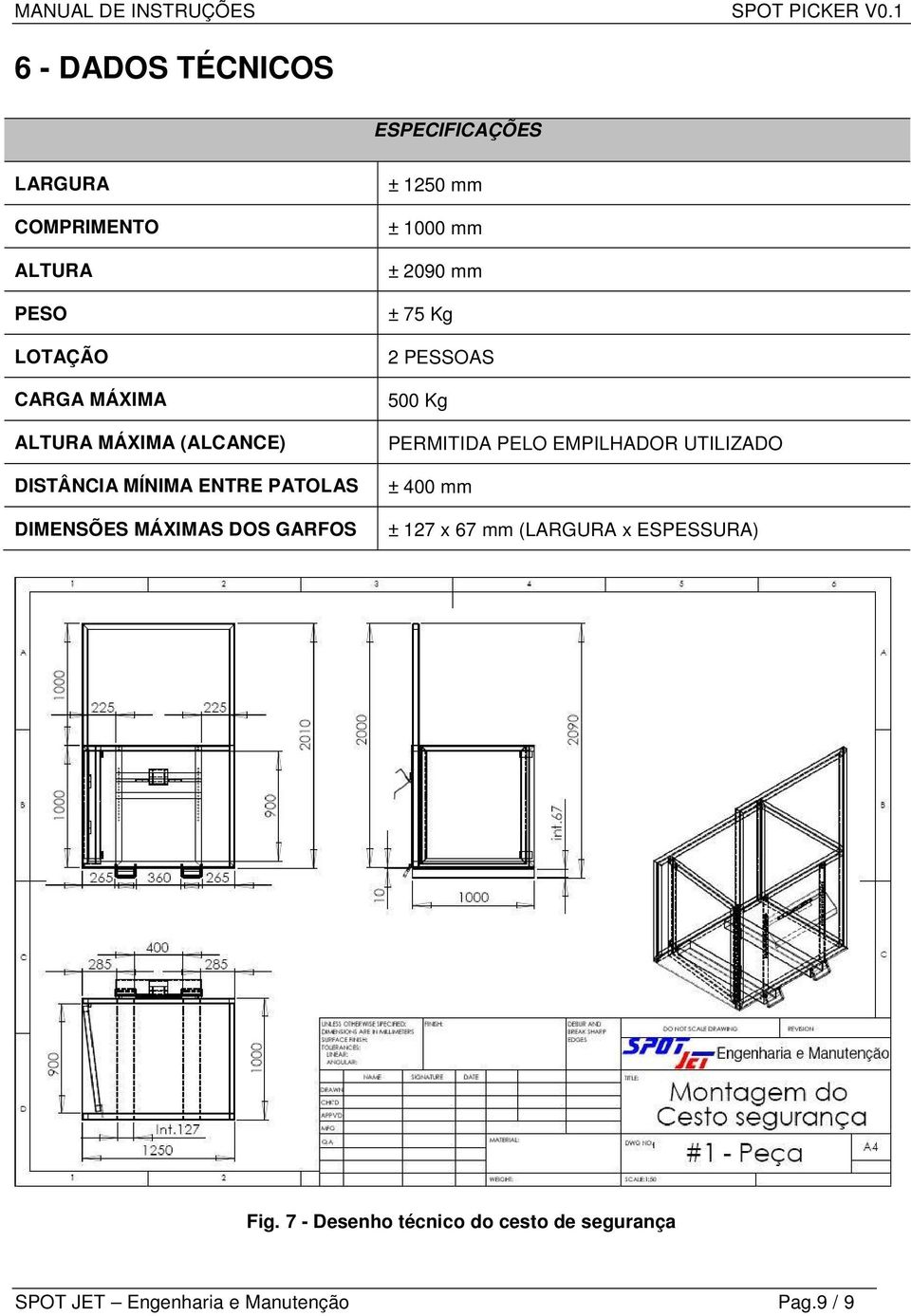 2090 mm ± 75 Kg 2 PESSOAS 500 Kg PERMITIDA PELO EMPILHADOR UTILIZADO ± 400 mm ± 127 x 67 mm