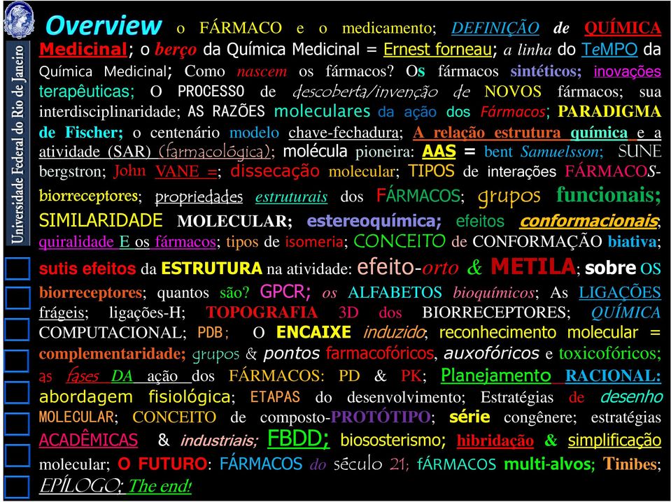 modelo chave-fechadura; A relação estrutura química e a atividade (SA)(farmacológica); molécula pioneira: AAS = bent Samuelsson; Sune bergstron; John VAE =; dissecação molecular; TIPS de interações