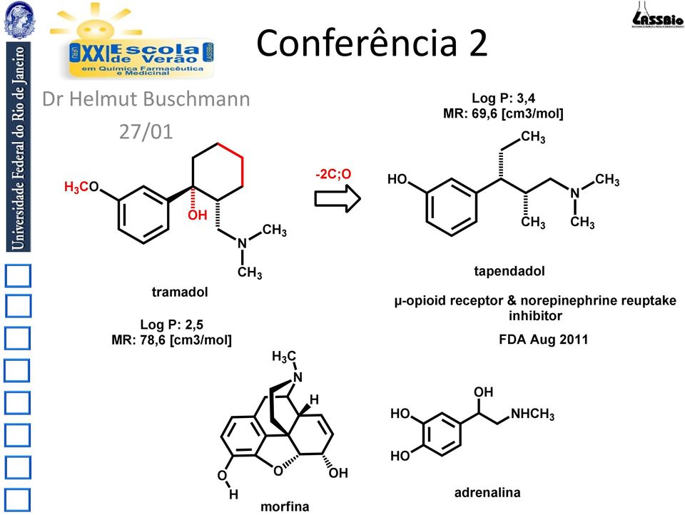 tramadol LogP:2,5 M: 78,6[cm3/mol] 3 C µ-opioid receptor&