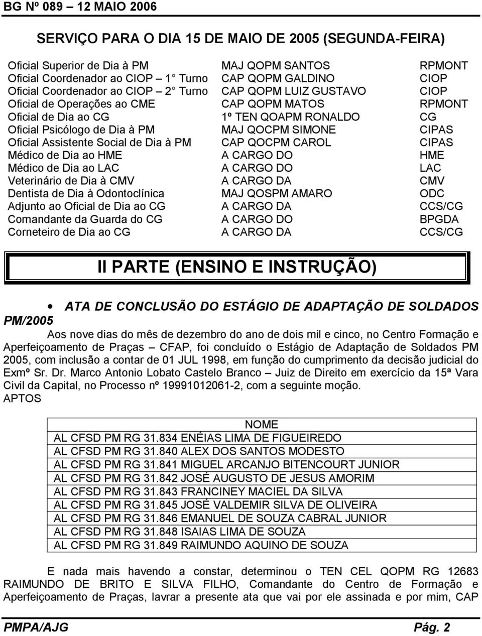 Social de Dia à PM CAP QOCPM CAROL CIPAS Médico de Dia ao HME A CARGO DO HME Médico de Dia ao LAC A CARGO DO LAC Veterinário de Dia à CMV A CARGO DA CMV Dentista de Dia à Odontoclínica MAJ QOSPM