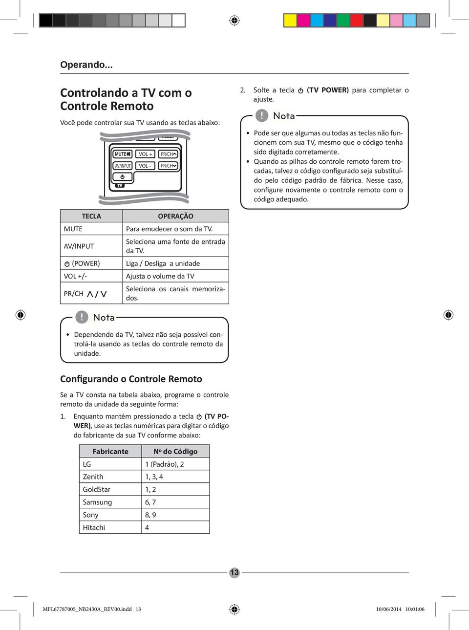 Quando as pilhas do controle remoto forem trocadas, talvez o código configurado seja substituído pelo código padrão de fábrica. Nesse caso, configure novamente o controle remoto com o código adequado.