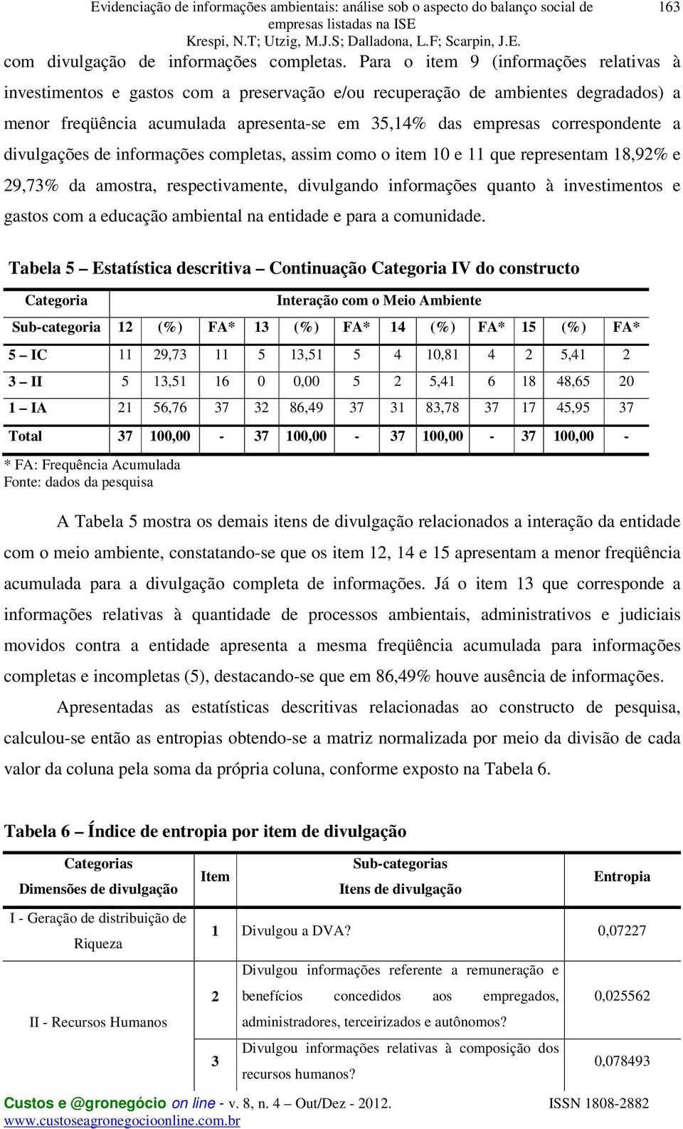 correspondente a divulgações de informações completas, assim como o item 10 e 11 que representam 18,92% e 29,73% da amostra, respectivamente, divulgando informações quanto à investimentos e gastos