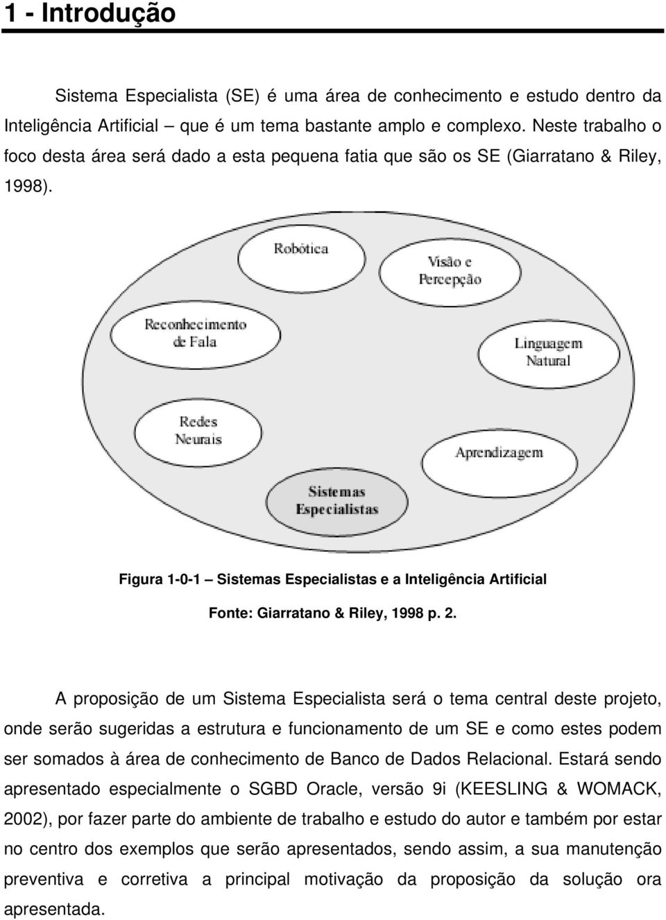 Figura 1-0-1 Sistemas Especialistas e a Inteligência Artificial Fonte: Giarratano & Riley, 1998 p. 2.