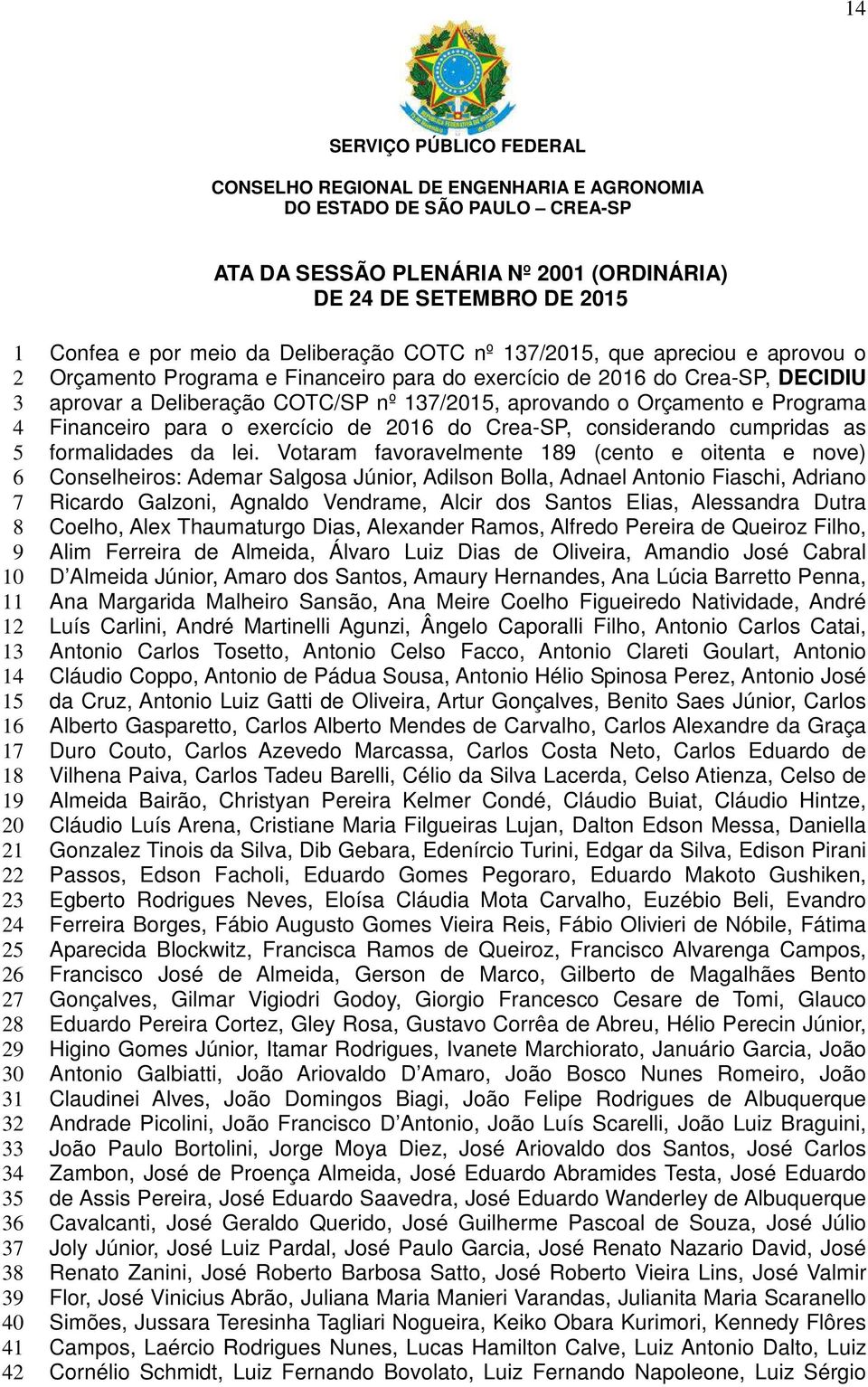 Votaram favoravelmente (cento e oitenta e nove) Conselheiros: Ademar Salgosa Júnior, Adilson Bolla, Adnael Antonio Fiaschi, Adriano Ricardo Galzoni, Agnaldo Vendrame, Alcir dos Santos Elias,