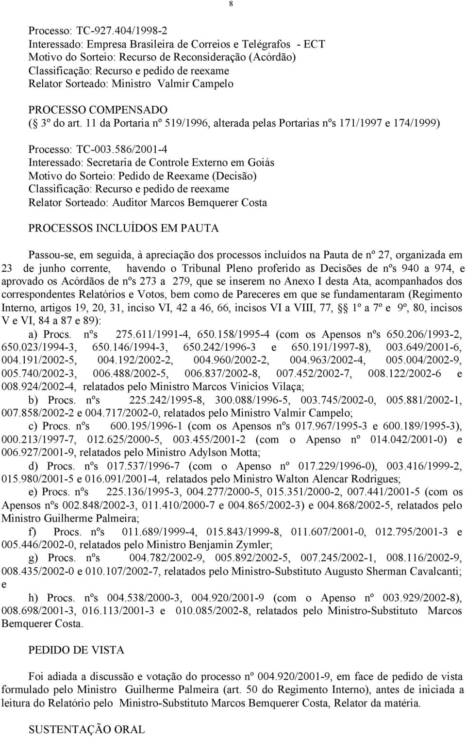 Valmir Campelo PROCESSO COMPENSADO ( 3º do art. 11 da Portaria nº 519/1996, alterada pelas Portarias nºs 171/1997 e 174/1999) Processo: TC-003.