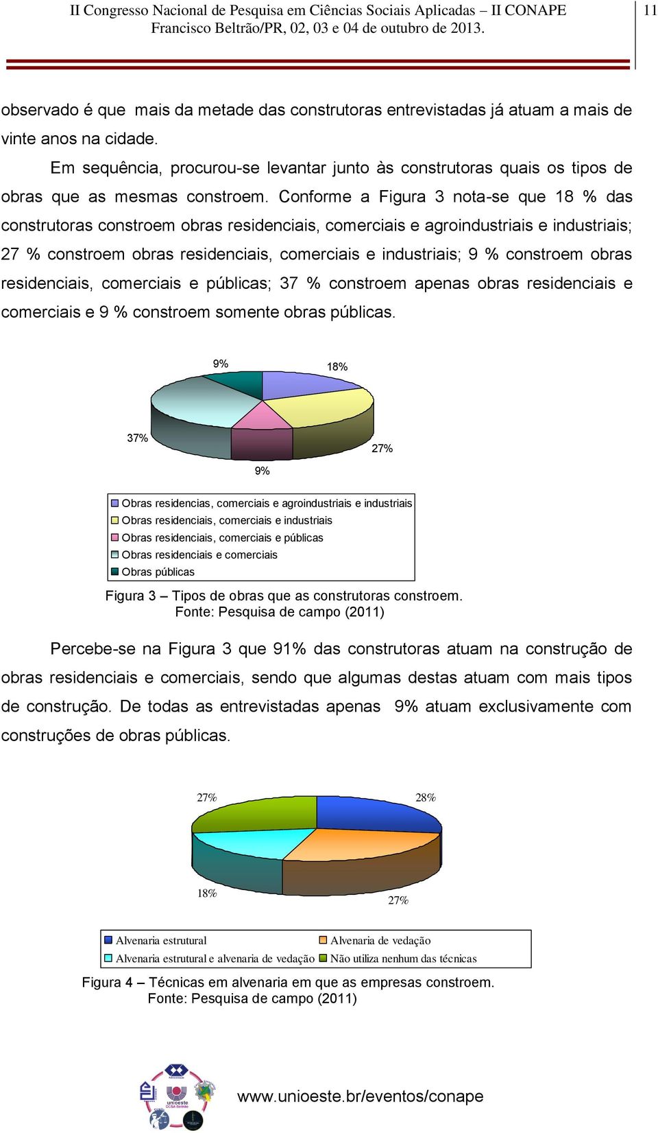 Conforme a Figura 3 nota-se que 18 % das construtoras constroem obras residenciais, comerciais e agroindustriais e industriais; 27 % constroem obras residenciais, comerciais e industriais; 9 %