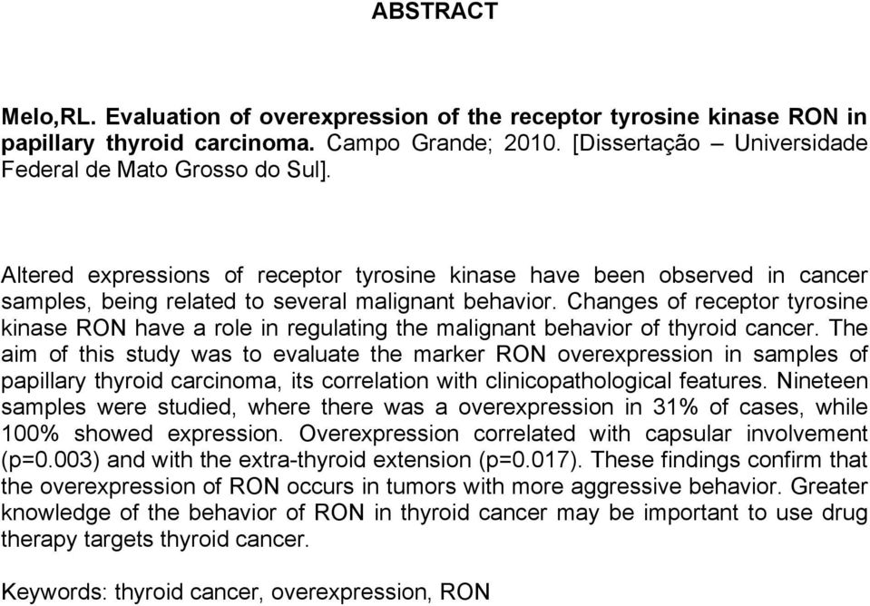 Changes of receptor tyrosine kinase RON have a role in regulating the malignant behavior of thyroid cancer.