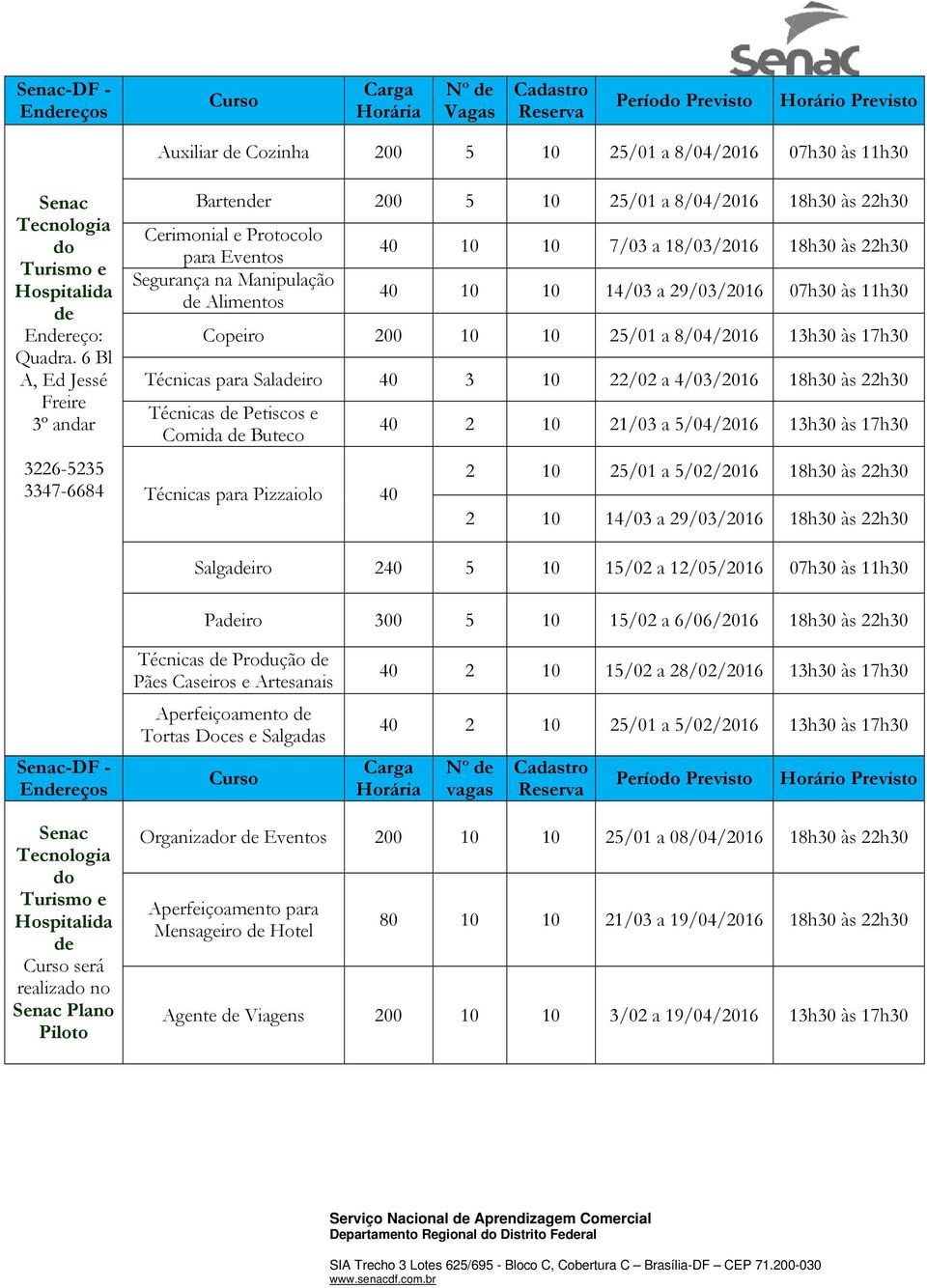 6 Bl A, Ed Jessé Freire 3º andar 3226-5235 3347-6684 Bartender 200 5 10 25/01 a 8/04/2016 18h30 às 22h30 Cerimonial e Protocolo para Eventos Segurança na Manipulação de Alimentos 40 10 10 7/03 a