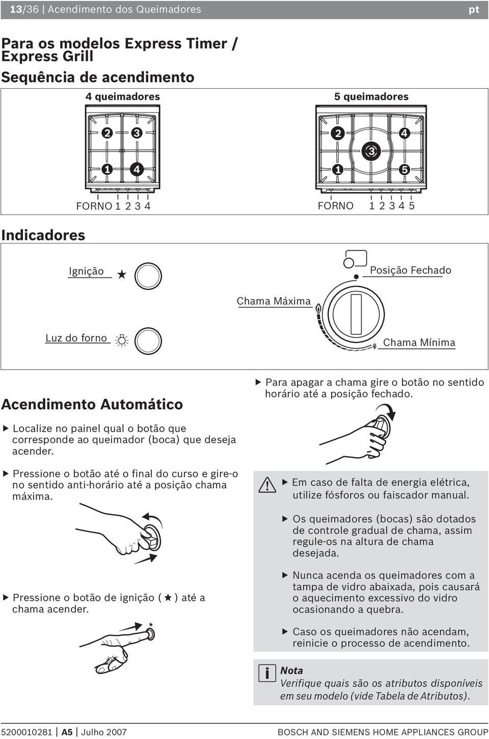 Localize no painel qual o botão que corresponde ao queimador (boca) que deseja acender. Pressione o botão até o final do curso e gire-o no sentido anti-horário até a posição chama máxima.