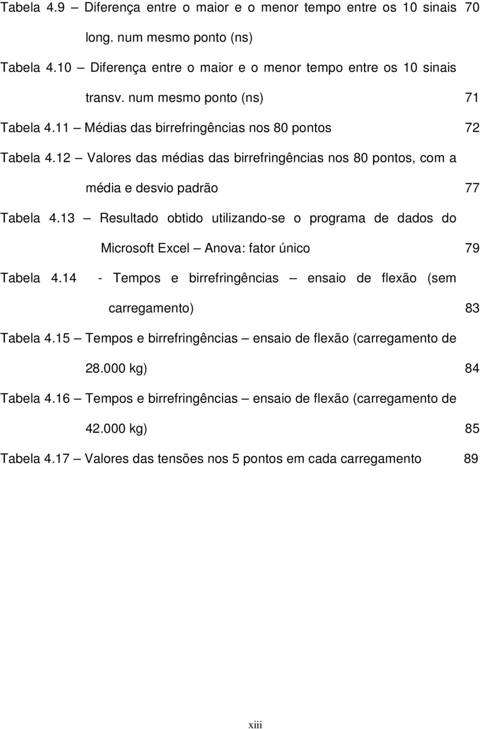 13 Resultado obtido utilizando-se o programa de dados do Microsoft Excel Anova: fator único 79 Tabela 4.14 - Tempos e birrefringências ensaio de flexão (sem carregamento) 83 Tabela 4.