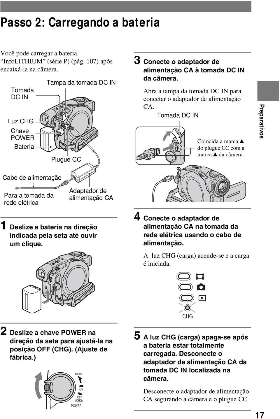 Abra a tampa da tomada DC IN para conectar o adaptador de alimentação CA. Tomada DC IN Coincida a marca v do plugue CC com a marca v da câmera.