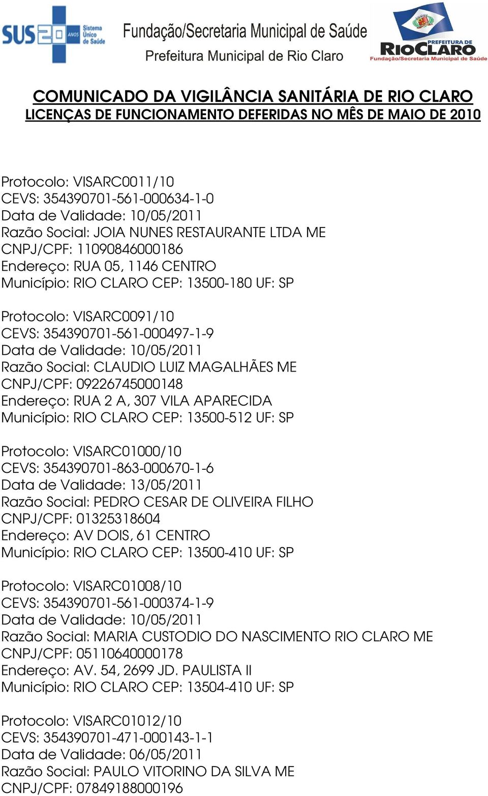 de Validade: 10/05/2011 Razão Social: CLAUDIO LUIZ MAGALHÃES ME CNPJ/CPF: 09226745000148 Endereço: RUA 2 A, 307 VILA APARECIDA Município: RIO CLARO CEP: 13500-512 UF: SP Protocolo: VISARC01000/10