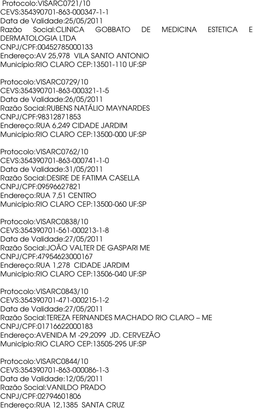 Endereço:RUA 6,249 CIDADE JARDIM Município:RIO CLARO CEP:13500-000 UF:SP Protocolo:VISARC0762/10 CEVS:354390701-863-000741-1-0 Data de Validade:31/05/2011 Razão Social:DESIRE DE FATIMA CASELLA