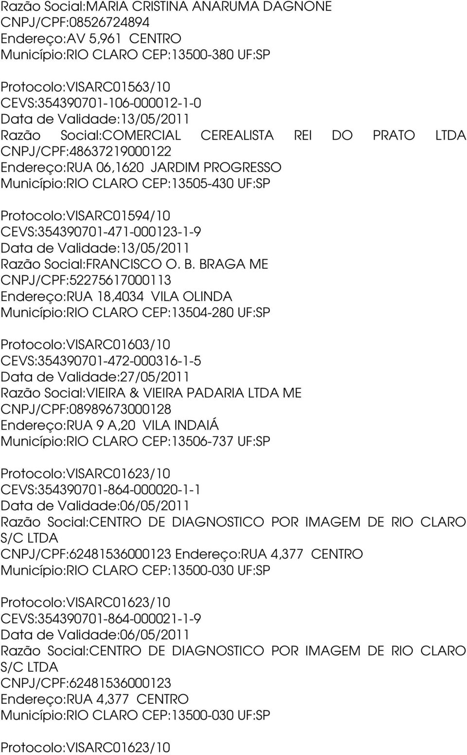 CEVS:354390701-471-000123-1-9 Data de Validade:13/05/2011 Razão Social:FRANCISCO O. B.