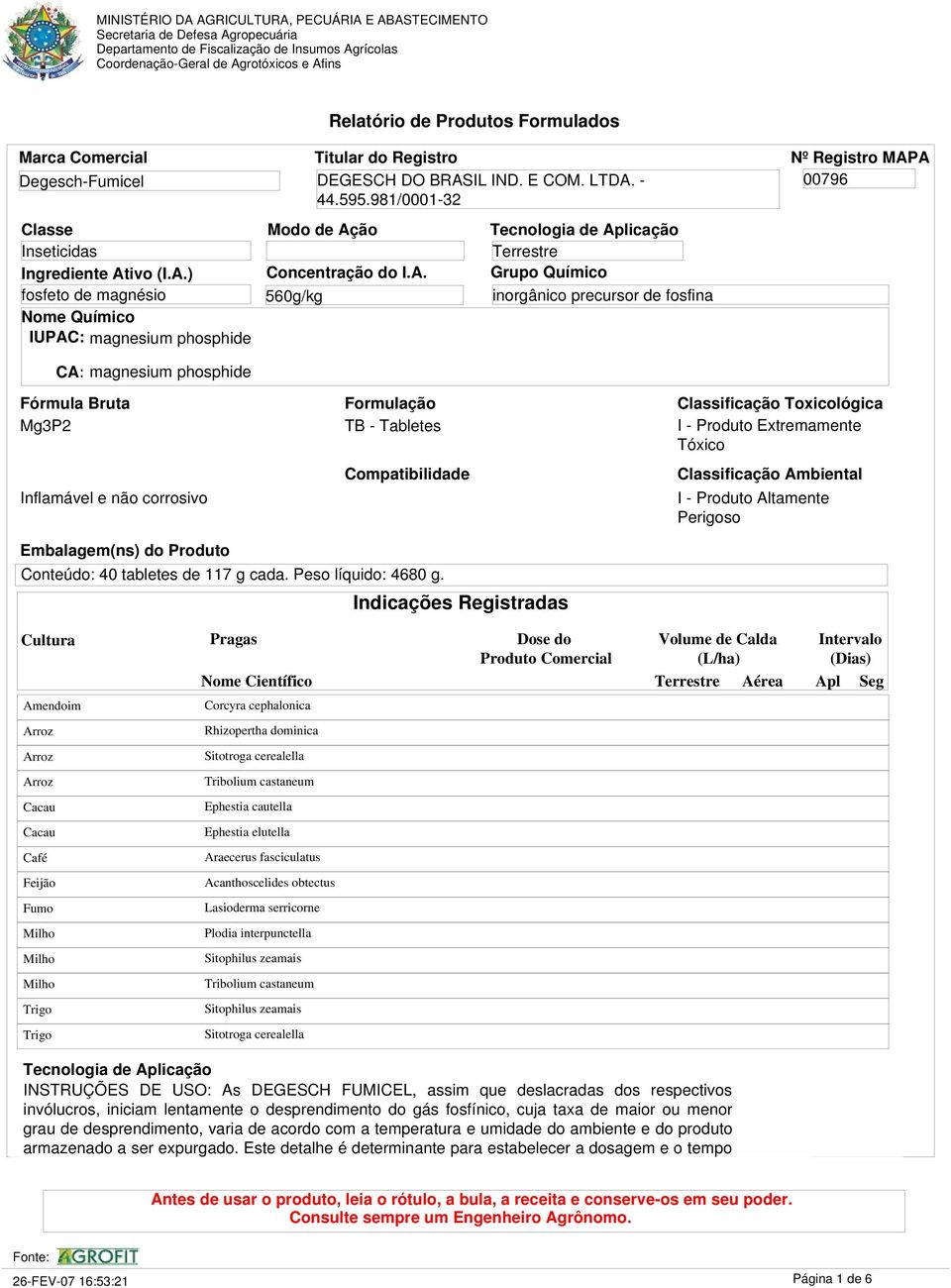 Toxicológica I - Produto Extremamente Tóxico Classificação Ambiental I - Produto Altamente Perigoso Embalagem(ns) do Produto Conteúdo: 40 tabletes de 117 g cada. Peso líquido: 4680 g.