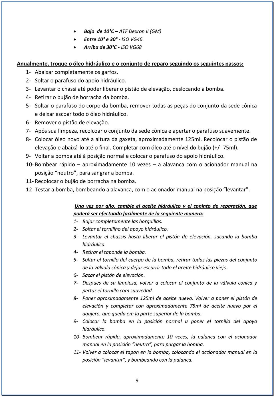 5- Soltar o parafuso do corpo da bomba, remover todas as peças do conjunto da sede cônica e deixar escoar todo o óleo hidráulico. 6- Remover o pistão de elevação.