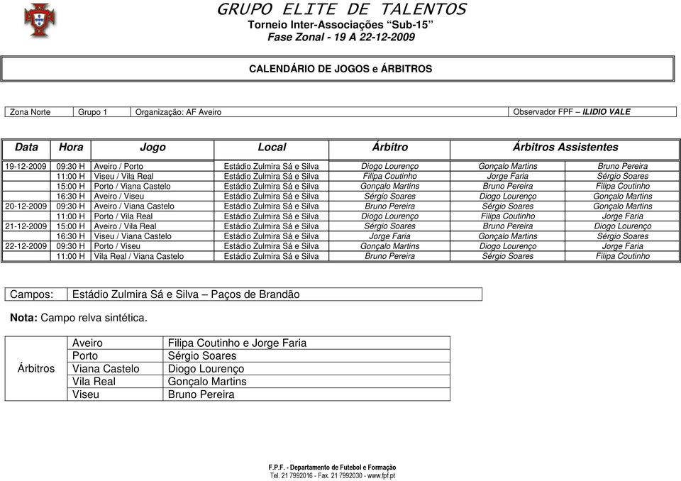 Filipa Coutinho Jorge Faria Sérgio Soares 15:00 H Porto / Viana Castelo Estádio Zulmira Sá e Silva Gonçalo Martins Bruno Pereira Filipa Coutinho 16:30 H Aveiro / Viseu Estádio Zulmira Sá e Silva