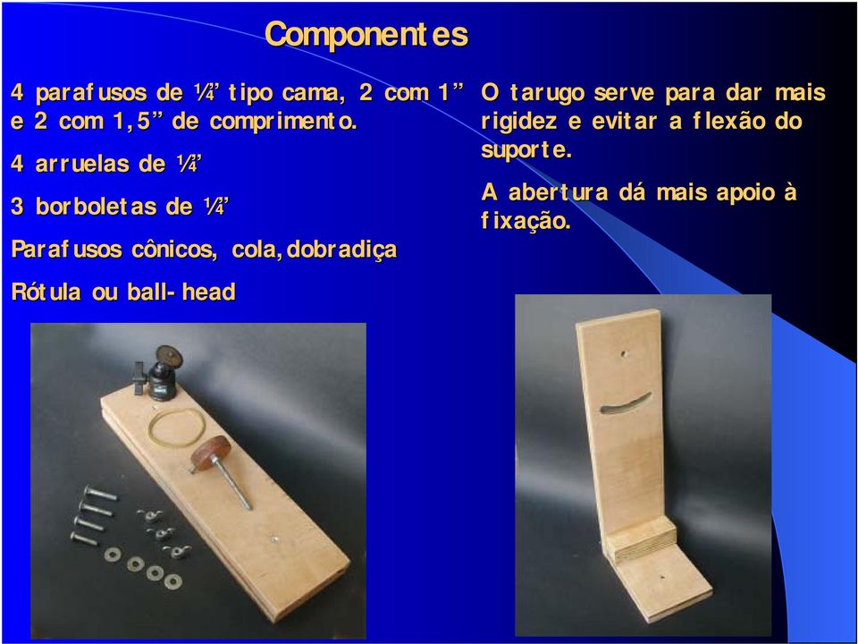 4 arruelas de ¼ 3 borboletas de ¼ Parafusos cônicos,