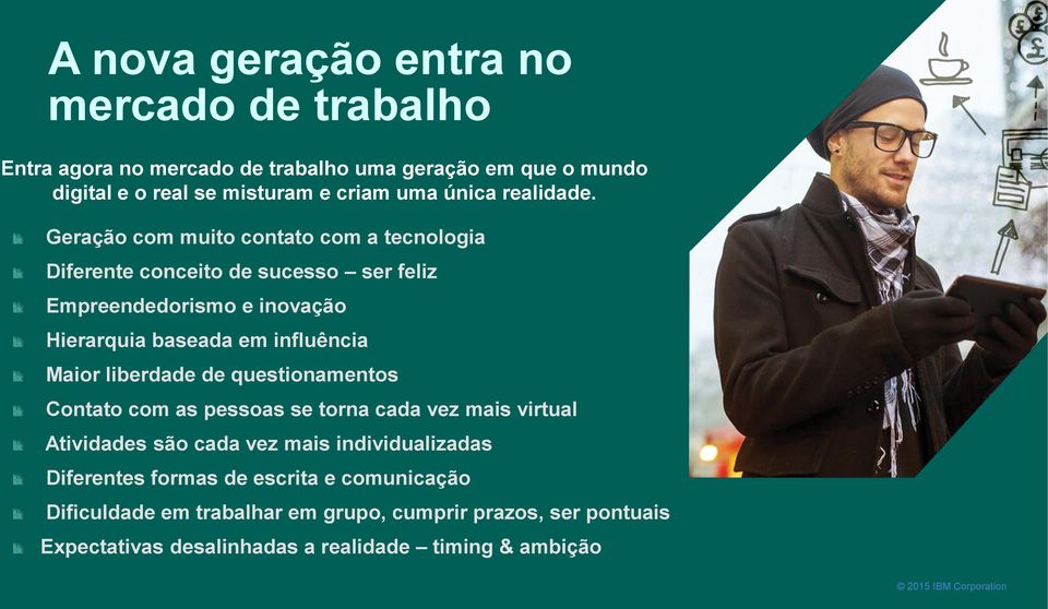 Geração com muito contato com a tecnologia Diferente conceito de sucesso ser feliz Empreendedorismo e inovação Hierarquia baseada em influência Maior