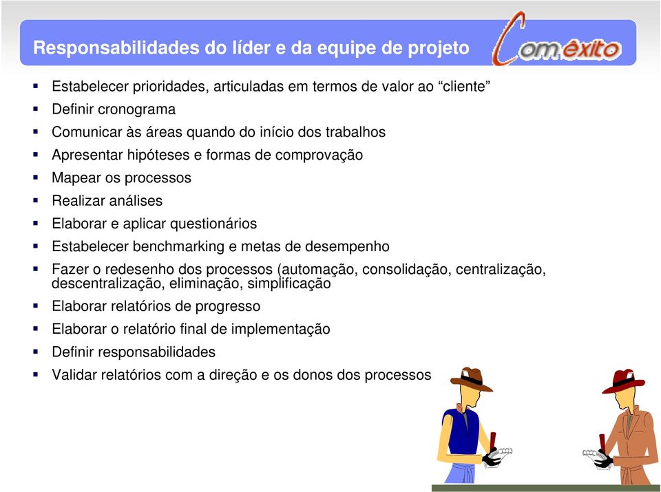 Estabelecer benchmarking e metas de desempenho Fazer o redesenho dos processos (automação, consolidação, centralização, descentralização, eliminação,