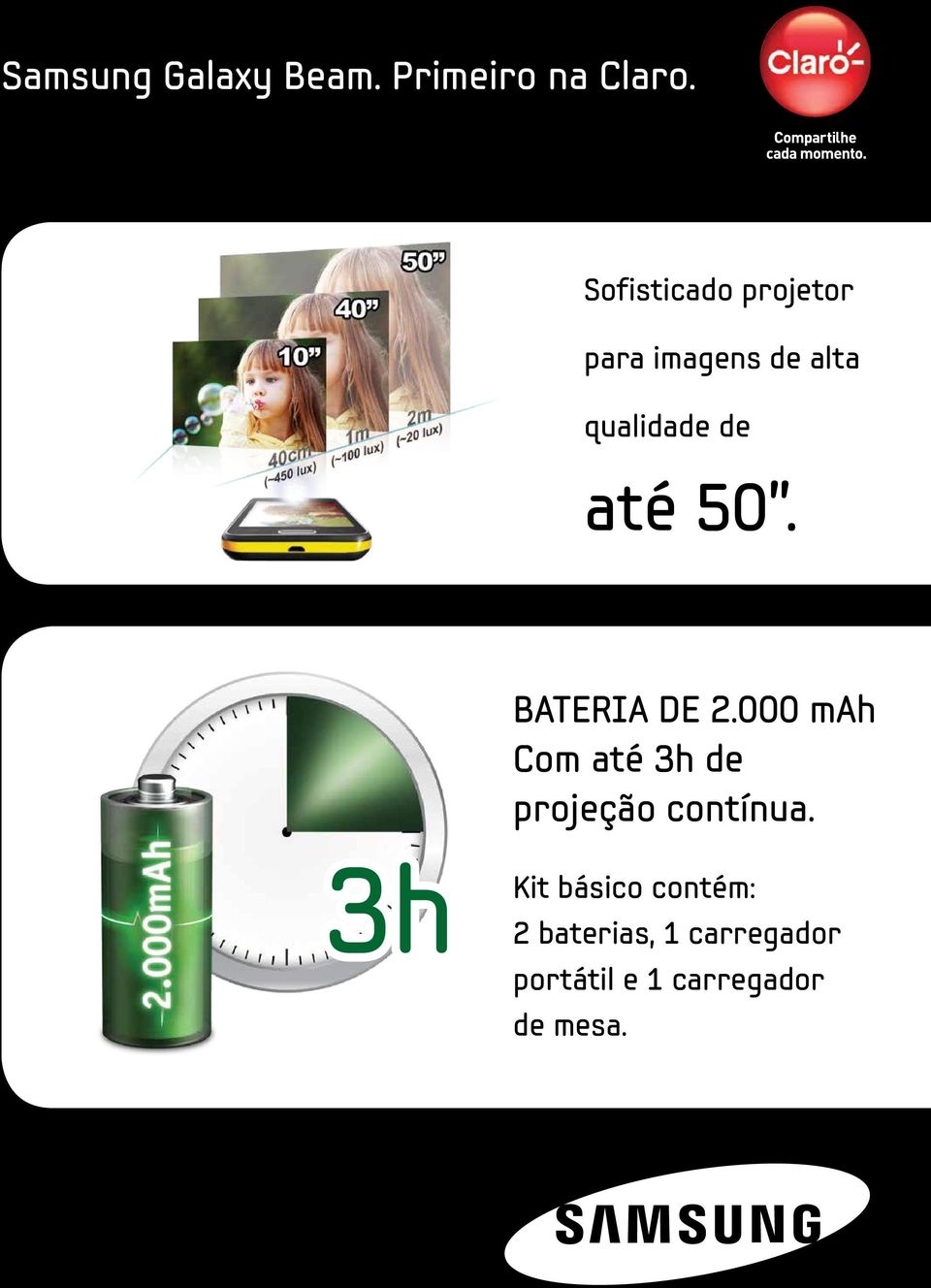 50. BATERIA DE 2.000 mah Com até 3h de projeção contínua.