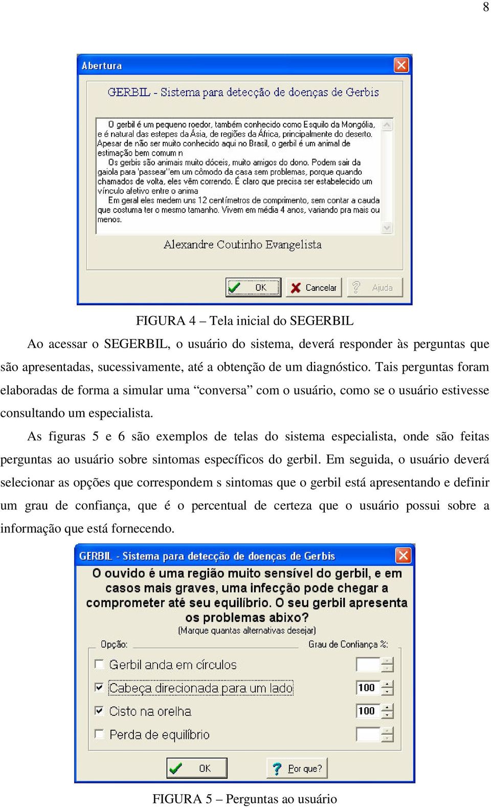 As figuras 5 e 6 são exemplos de telas do sistema especialista, onde são feitas perguntas ao usuário sobre sintomas específicos do gerbil.