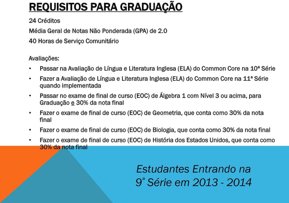 do Common Core na 11ª Série quando implementada Passar no exame de final de curso (EOC) de Álgebra 1 com Nível 3 ou acima, para Graduação e 30% da nota final Fazer o exame de final de