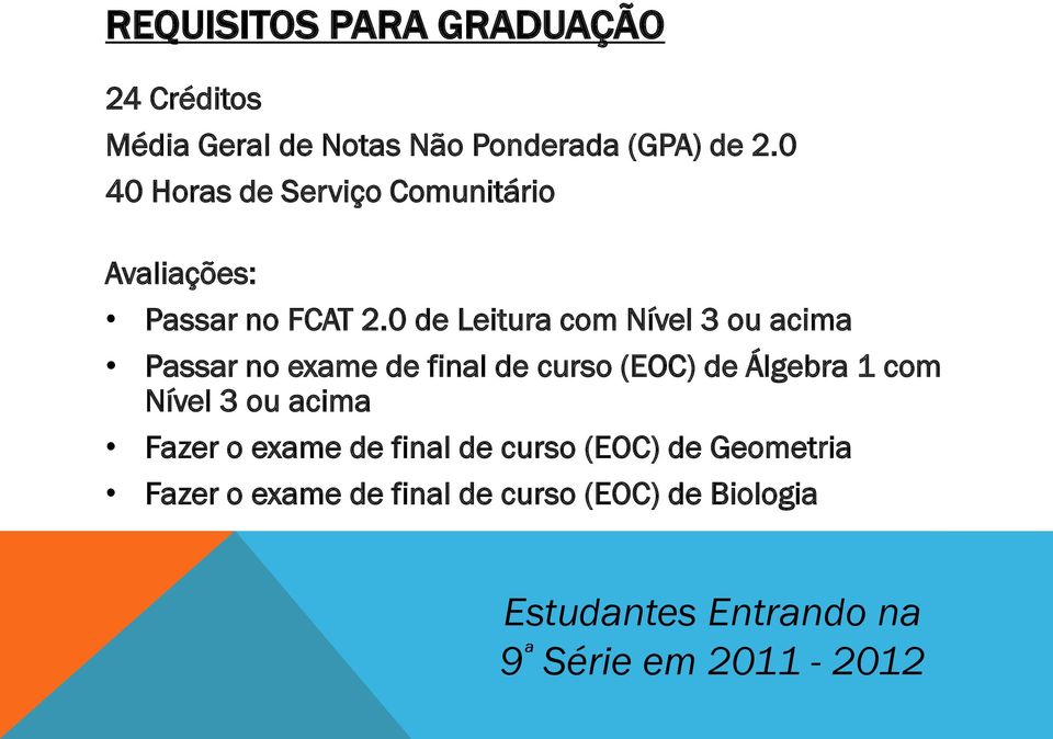 0 de Leitura com Nível 3 ou acima Passar no exame de final de curso (EOC) de Álgebra 1 com Nível 3