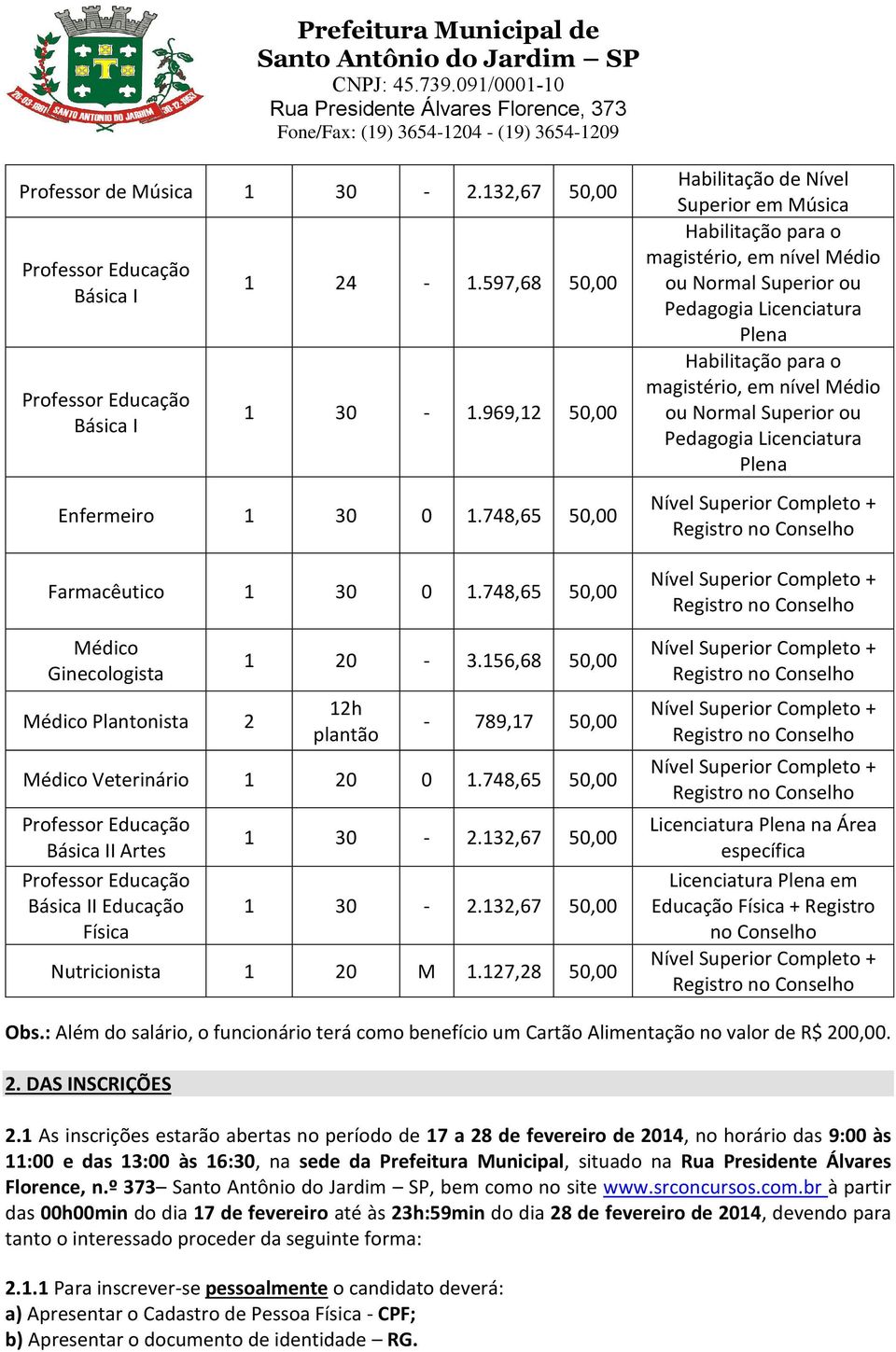 748,65 50,00 Professor Educação Básica II Artes Professor Educação Básica II Educação Física 1 30-2.132,67 50,00 1 30-2.132,67 50,00 Nutricionista 1 20 M 1.