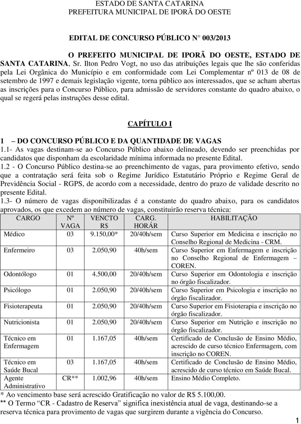 vigente, torna público aos interessados, que se acham abertas as inscrições para o Concurso Público, para admissão de servidores constante do quadro abaixo, o qual se regerá pelas instruções desse