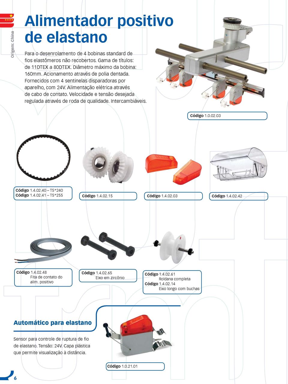 Velocidade e tensão desejada regulada através de roda de qualidade. Intercambiáveis. Código 1.0.02.03 Código 1.4.02.40 T5*240 Código 1.4.02.41 T5*255 Código 1.4.02.15 Código 1.4.02.03 Código 1.4.02.42 Código 1.