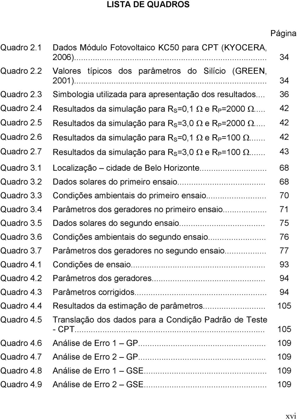 .. 42 Quadro 2.7 Resultados da simulação para R =3,0 Ω e R =00 Ω... 43 Quadro 3. Localização cidade de Belo Horizote... 68 Quadro 3.2 Dados solares do primeiro esaio... 68 Quadro 3.3 Codições ambietais do primeiro esaio.