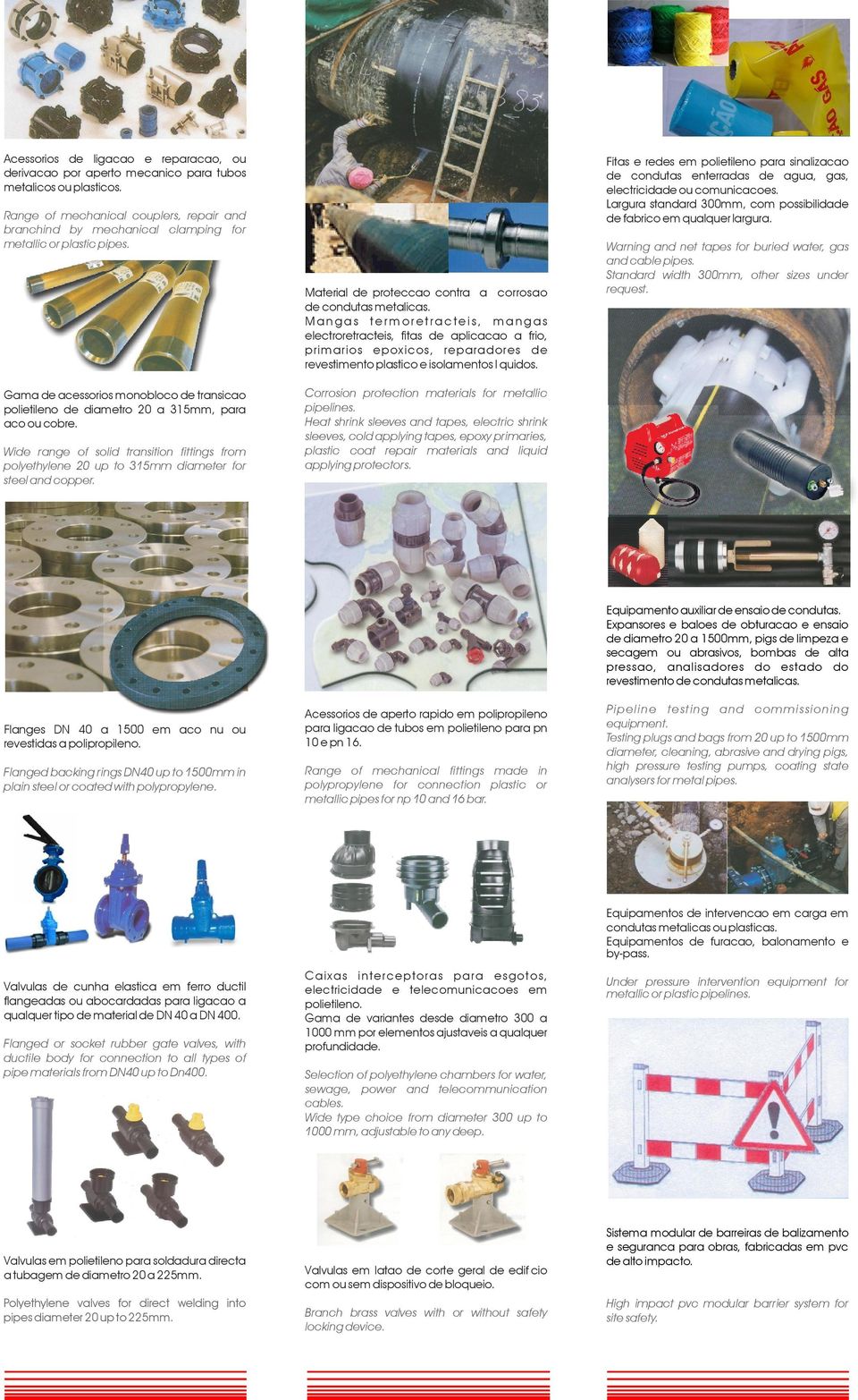 Range of mechanical couplers, repair and branchind by mechanical clamping for metallic or plastic pipes. Material de protecção contra a corrosão de condutas metálicas.