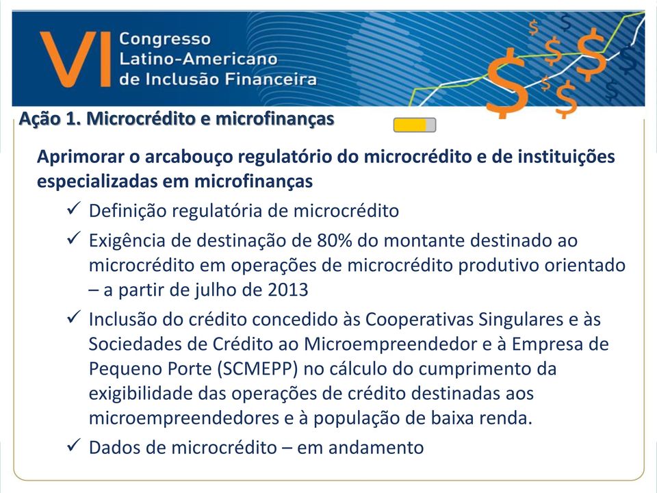 microcrédito Exigência de destinação de 80% do montante destinado ao microcrédito em operações de microcrédito produtivo orientado a partir de julho de 2013
