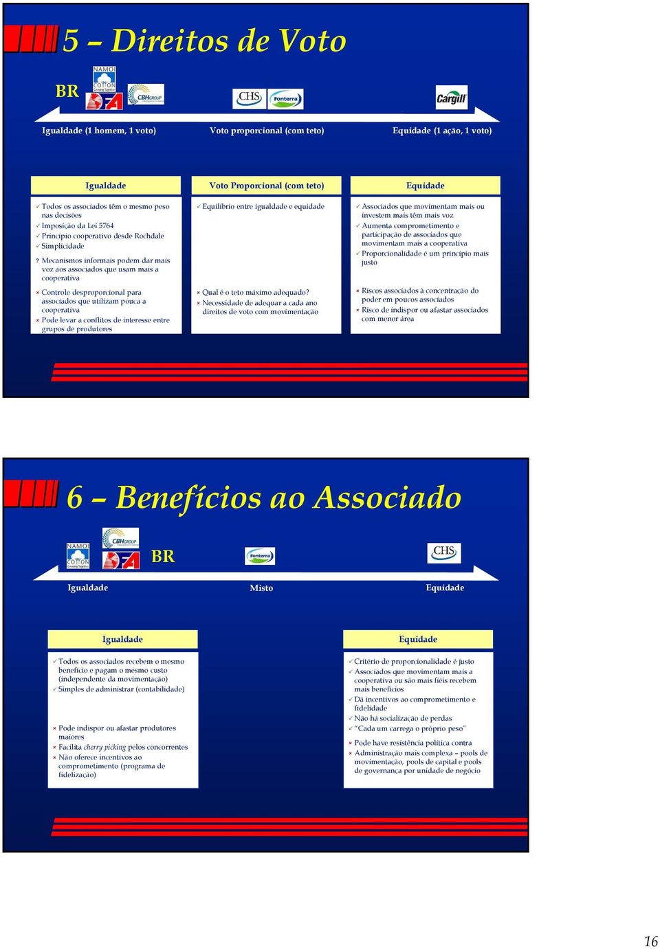 Mecanismos informais podem dar mais voz aos associados que usam mais a cooperativa Controle desproporcional para associados que utilizam pouca a cooperativa Pode levar a conflitos de interesse entre