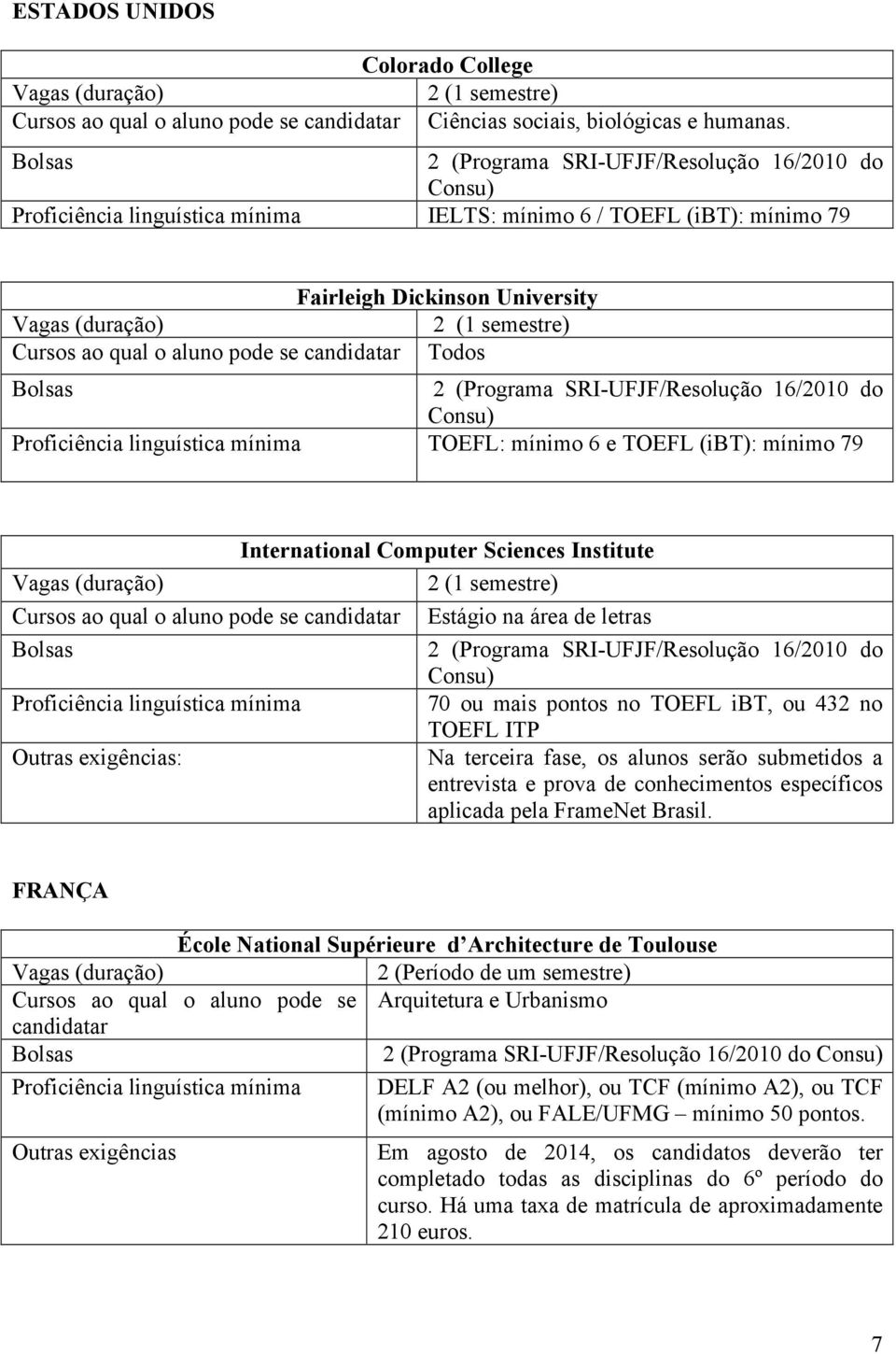 (ibt): mínimo 79 International Computer Sciences Institute Cursos ao qual o aluno pode se Estágio na área de letras Proficiência linguística mínima 70 ou mais pontos no TOEFL ibt, ou 432 no TOEFL ITP