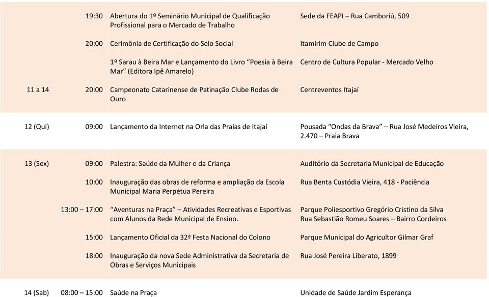 Centreventos Itajaí 12 (Qui) 09:00 Lançamento da Internet na Orla das Praias de Itajaí Pousada Ondas da Brava Rua José Medeiros Vieira, 2.