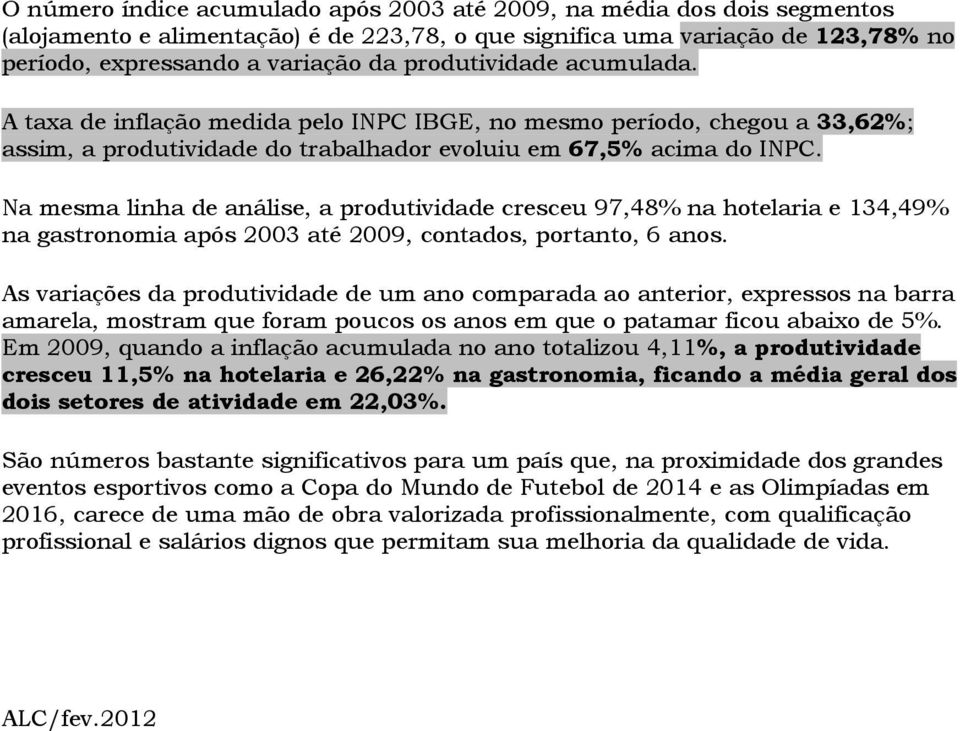 Na mesma linha de análise, a produtividade cresceu 97,48% na hotelaria e 134,49% na gastronomia após 2003 até 2009, contados, portanto, 6 anos.