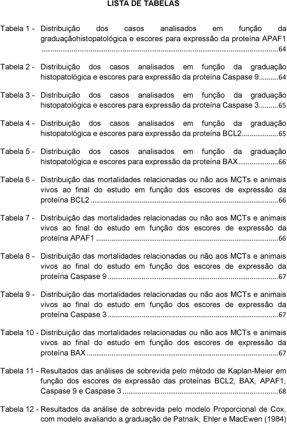 .. 64 Tabela 3 - Distribuição dos casos analisados em função da graduação histopatológica e escores para expressão da proteína Caspase 3.