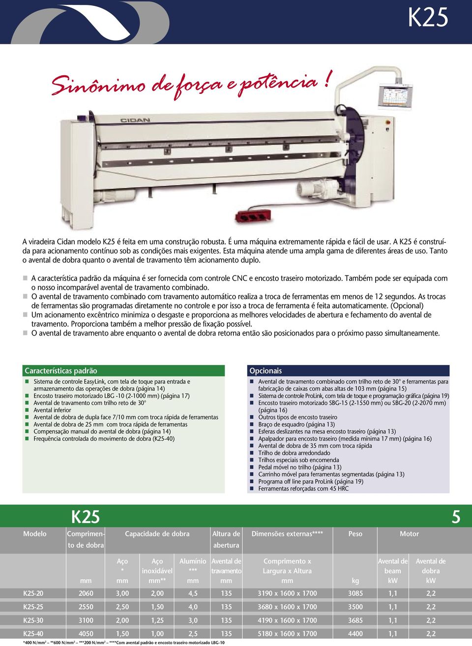 Tanto o avental de dobra quanto o avental de travamento têm acionamento duplo. A característica padrão da máquina é ser fornecida com controle CNC e encosto traseiro motorizado.