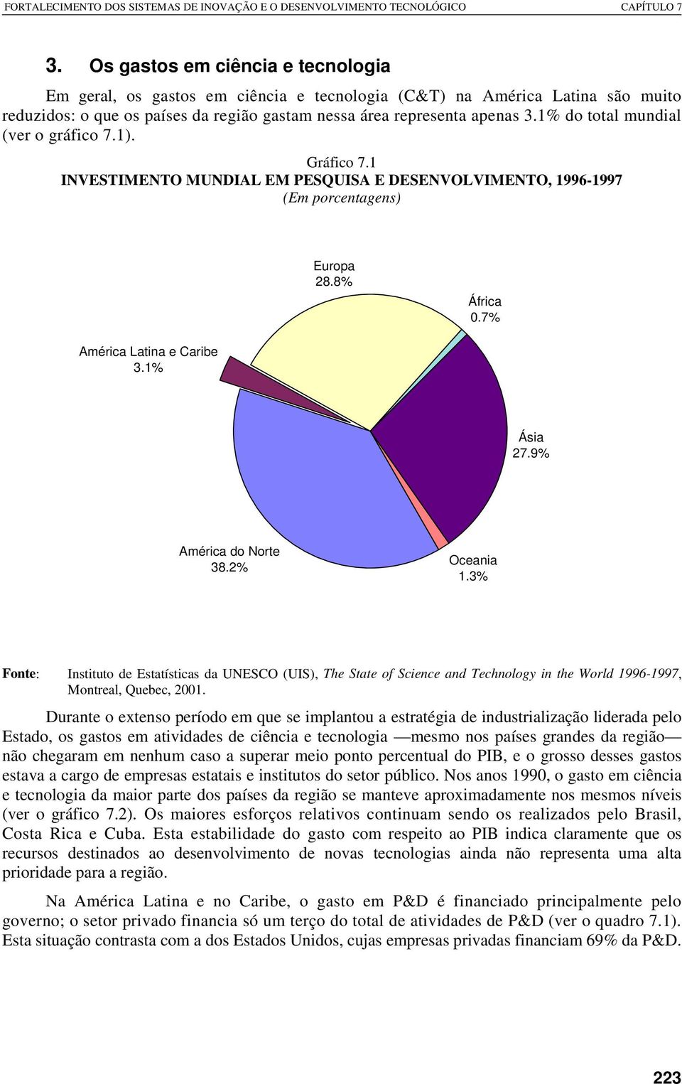 9% América do Norte 38.2% Oceania 1.3% Fonte: Instituto de Estatísticas da UNESCO (UIS), The State of Science and Technology in the World 1996-1997, Montreal, Quebec, 2001.