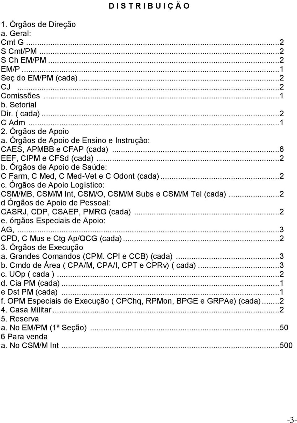 Órgãos de Apoio Logístico: CSM/MB, CSM/M Int, CSM/O, CSM/M Subs e CSM/M Tel (cada)... 2 d Órgãos de Apoio de Pessoal: CASRJ, CDP, CSAEP, PMRG (cada)... 2 e. órgãos Especiais de Apoio: AG,.