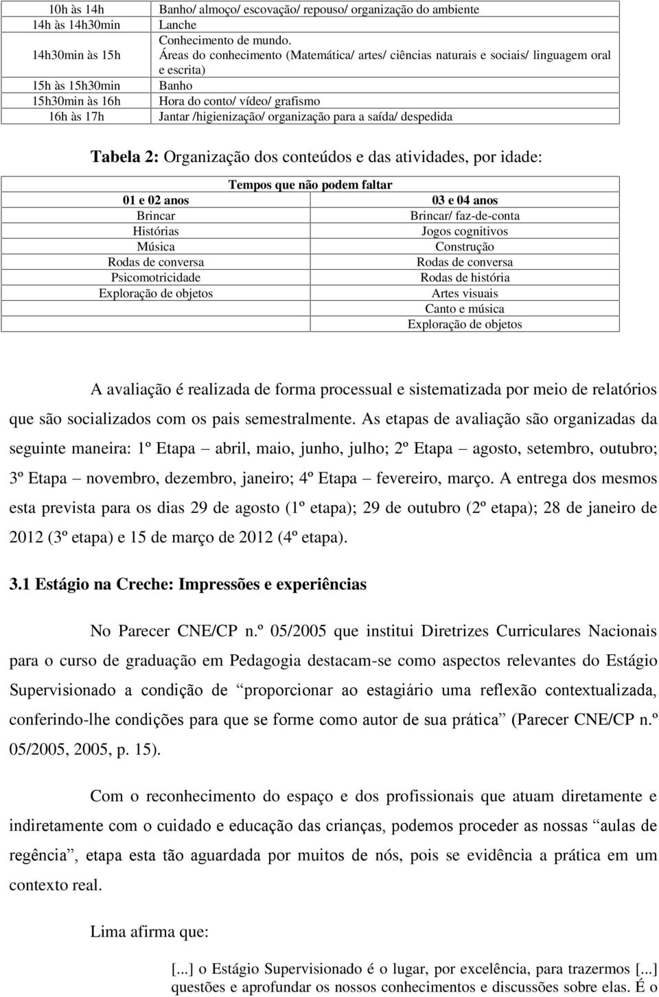 2: Organização dos conteúdos e das atividades, por idade: Tempos que não podem faltar 01 e 02 anos 03 e 04 anos Brincar Brincar/ faz-de-conta Histórias Jogos cognitivos Música Construção Rodas de