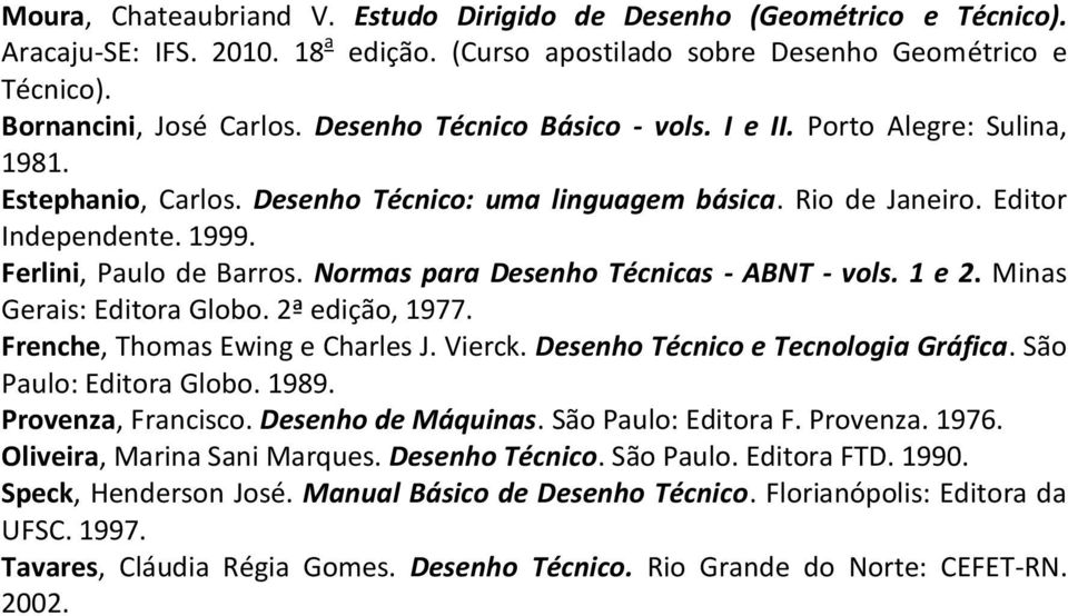 Normas para Desenho Técnicas - ABNT - vols. 1 e 2. Minas Gerais: Editora Globo. 2ª edição, 1977. Frenche, Thomas Ewing e Charles J. Vierck. Desenho Técnico e Tecnologia Gráfica.