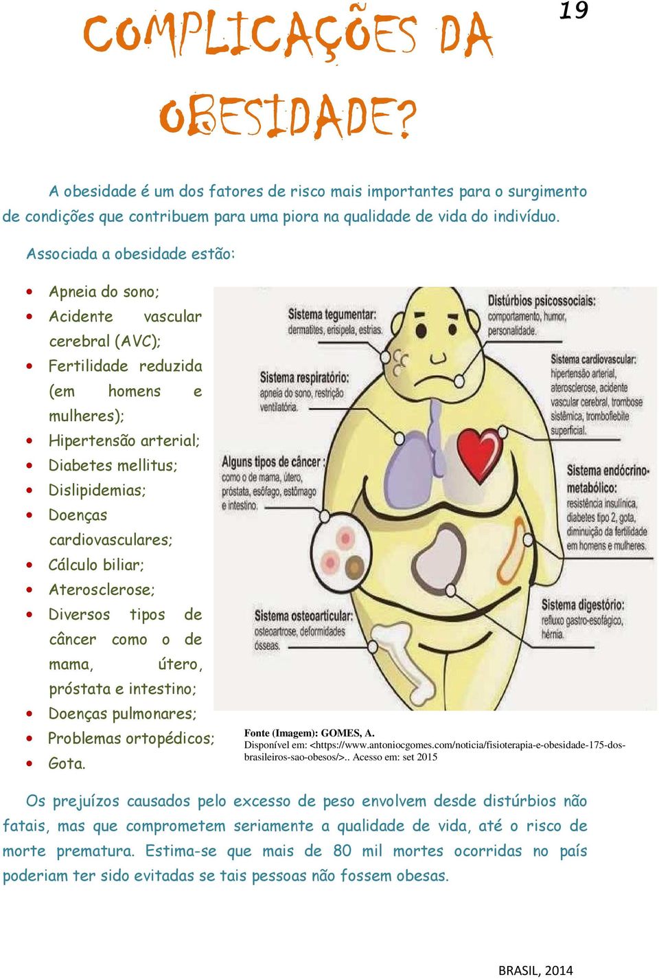 cardiovasculares; Cálculo biliar; Aterosclerose; Diversos tipos de câncer como o de mama, útero, próstata e intestino; Doenças pulmonares; Problemas ortopédicos; Gota. Fonte (Imagem): GOMES, A.