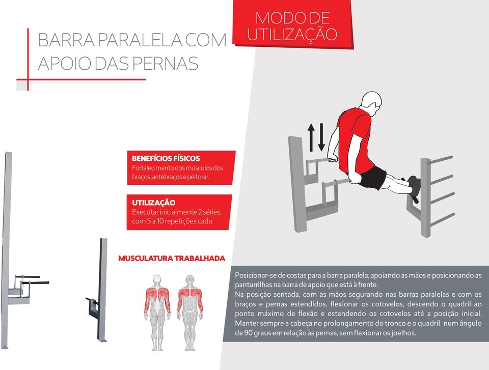 Na posição sentada, com as mãos segurando nas barras paralelas e com os braços e pernas estendidos, flexionar os cotovelos, descendo o quadril ao ponto