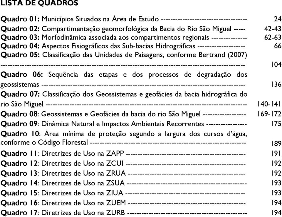 de Paisagens, conforme Bertrand (2007) ------------------------------------------------------------------------------------------------------ 104 Quadro 06: Sequência das etapas e dos processos de