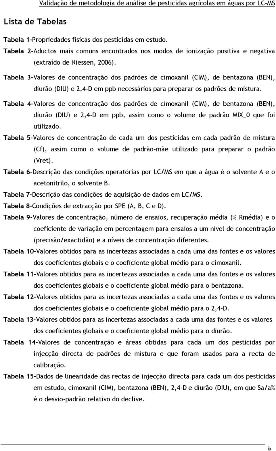 Tabela 3-Valores de concentração dos padrões de cimoxanil (CIM), de bentazona (BEN), diurão (DIU) e 2,4-D em ppb necessários para preparar os padrões de mistura.