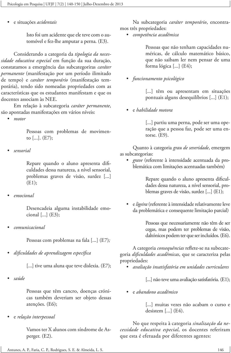 de tempo) e caráter temporário (manifestação temporária), tendo sido nomeadas propriedades com as características que os estudantes manifestam e que os docentes associam às NEE.