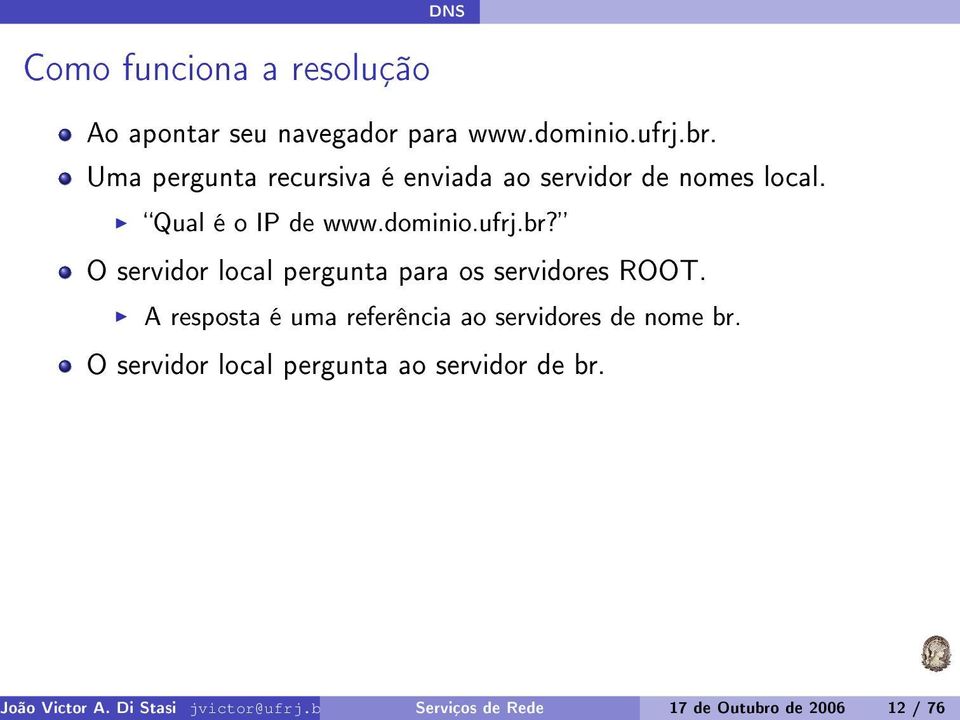 navegador para www.dominio.ufrj.br. Uma pergunta recursiva é enviada ao servidor de nomes local.